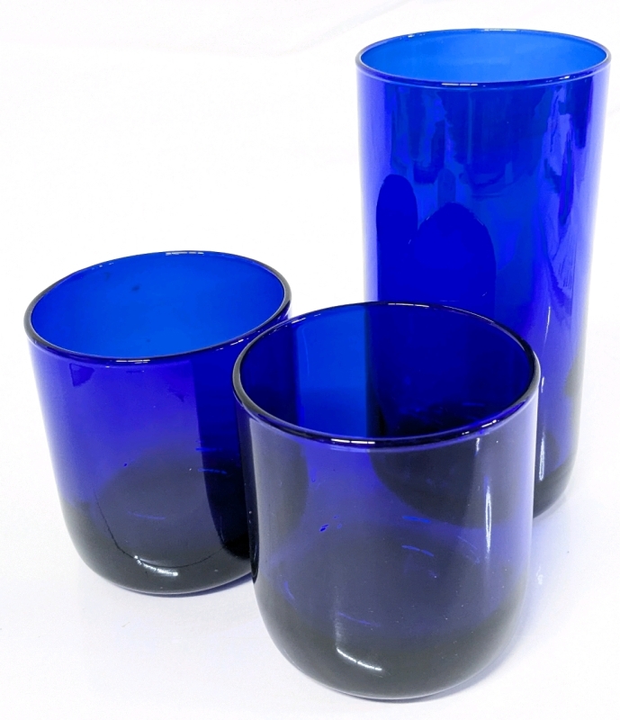 3 Gorgeous Signed Libbey Metropolitan Cobalt Blue Round-Bottom Drinking Glasses - 3.5" - 5.8" Tall