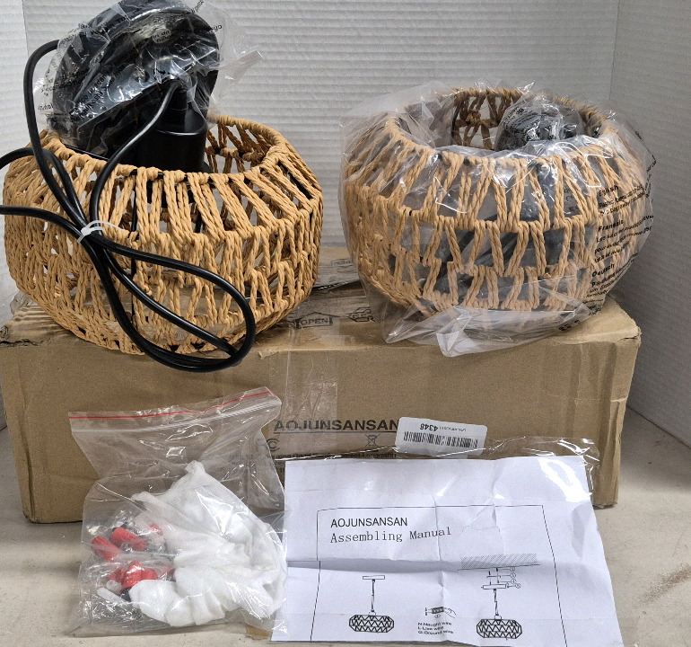 2 As New Aojunsansan Rattan Woven Pendant Light Fixtures Retails for $50 *One Pendant Has Bent Frame *