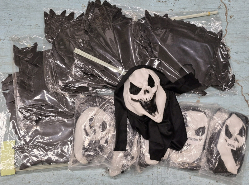 Large New Halloween Lot - 6 Packs of Black Cat Yard Decor & 11 New Scary Masks