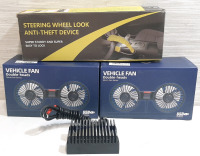 Lot of Vehicle Accessories and Parts, Including 1 Steering Wheel Anti-Theft Device, 2 USB Powered Double-Head Vehicle Fans & A Voltage Regulator Rectifier