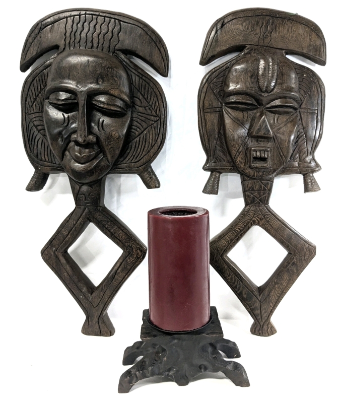 Pair of Large Vintage Carved KOTA Wood Reliquary Figures & Carved Pillar Candle Stand with Candle - Up to 25" Tall (Figures SUPER Heavy!)