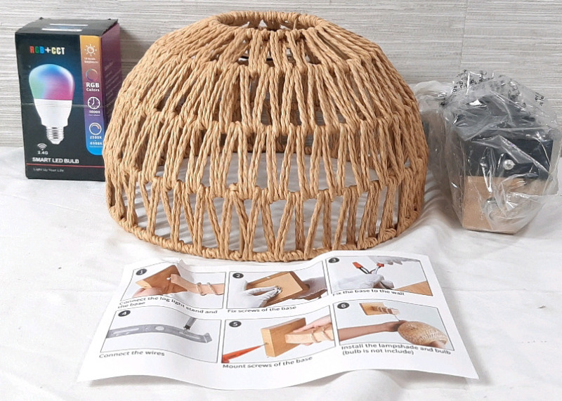 New RGB Hanging Straw Lamp Light w/ RGB Smart LED Bulb, Straw Frame, Wood and Installation Pieces and Instruction Sheet