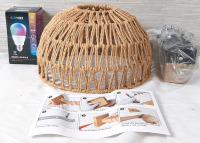 New RGB Hanging Straw Lamp Light w/ RGB Smart LED Bulb, Straw Frame, Wood and Installation Pieces and Instruction Sheet
