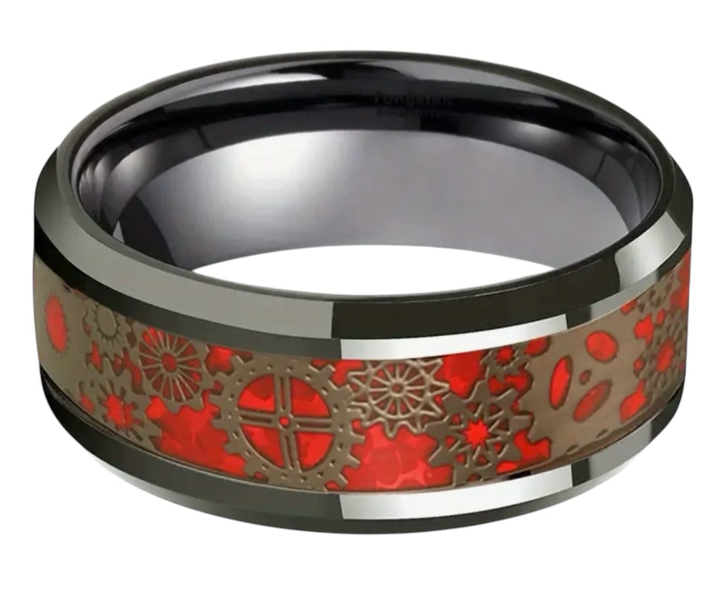 8mm Stainless Steel Red Ring Mechanical Gear Inlaid with Red Opal Paper Size 13