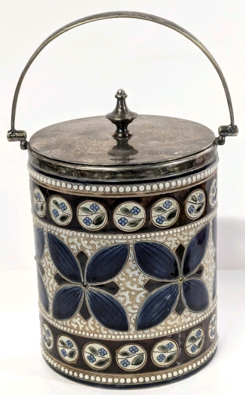 Signed Vintage Stoneware Biscuit Barrel with Swing Handle & Lid - Stamped 2408, WD 1881 B - 7.5" Tall