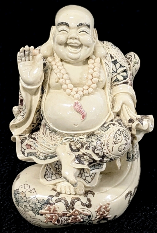 Happy Buddha Figure Atop Presumed Bag of Fortune - 6" Tall