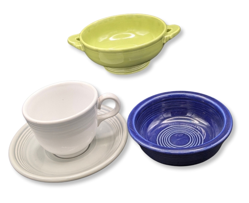 4pcs FIESTA / Homer Laughlin China : Cup & Saucer, Double-Handle Dish & Small Blue Dish | Handled Dish 6.5" &times; 5" &times; 2.25" Tall