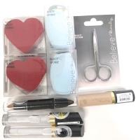 10 New BELIEVE Beauty : 2&times; Lustrous Shine Lip Gloss 4.5ml (Clear), 1&times; Lock It Up Eyeshadow Primer (Universal), 1&times; Dual Ended Contour Stick (Deep) 4&times; Beauty Sponges, 1&times; Beauty Scissors