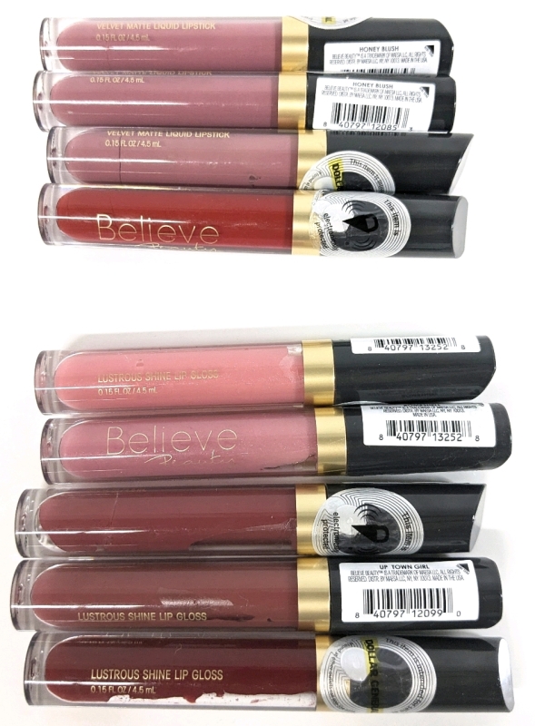 9pcs New BELIEVE Beauty : Lustrous Shine Lip Gloss (&times;5) & Velvet Matte Lipstick (&times;4) 4.5ml ea / See Photos for Colours