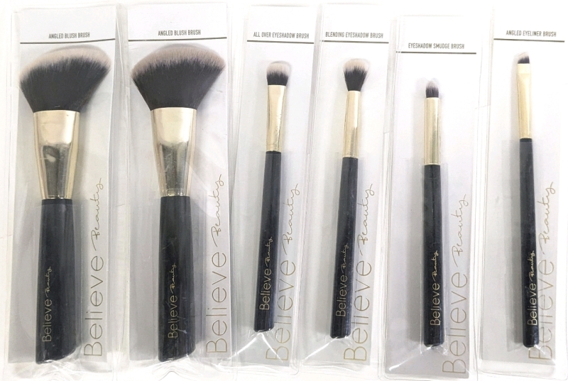 6 New BELIEVE Beauty Makeup Brushes: 2&times; Angled Blush Brush, 1&times; All Over, 1&times; Blending, 1&times; Smudge, 1&times; Angled Eyeshadow/Liner Brushes