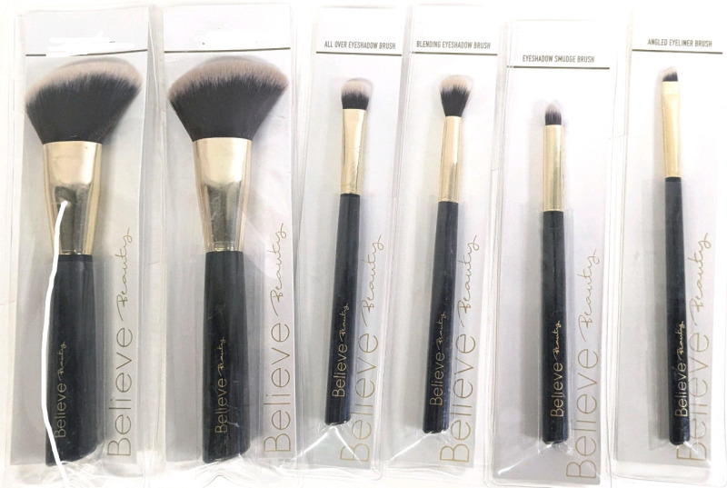 6 New BELIEVE Beauty Makeup Brushes: 2&times; Powder Brush, 1&times; All Over, 1&times; Blending, 1&times; Smudge, 1&times; Angled Eyeshadow/Liner Brushes