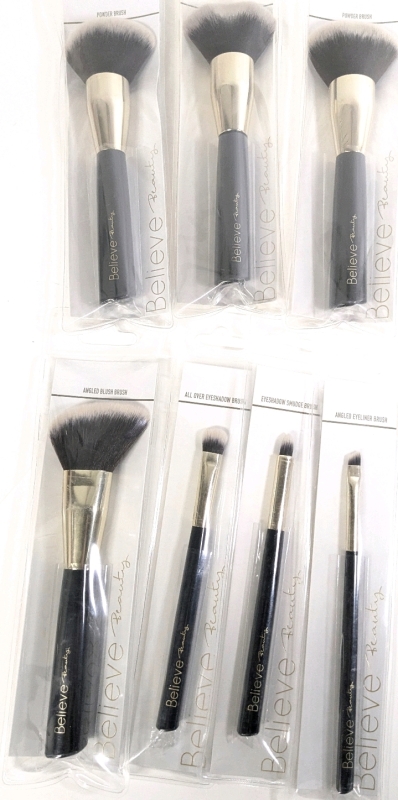 7 New BELIEVE Beauty Makeup Brushes: 1&times; Angled Blush Brush, 3&times; Angled Blush Brush, 1&times; All Over, 1&times; Smudge, 1&times; Angled Eyeshadow/Liner Brushes