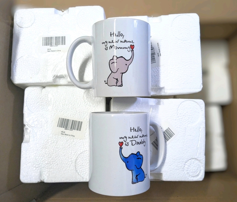 11 New Pairs Expectant Couples' Coffee Mugs : "Hello My New Name is Mommy/Daddy" - Printed on Both Sides