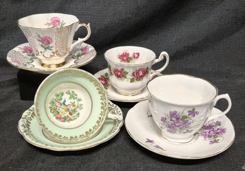 4 Vintage Cups & Saucers - Crown Dorset, Royal Adderley, Foley, and Queen Anne