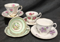 4 Vintage Cups & Saucers - Crown Dorset, Royal Adderley, Foley, and Queen Anne