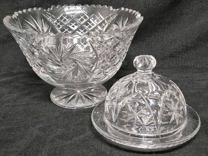 Vintage Pinwheel Crystal 6" Tall Centerpiece Bowl & Crystal Covered Dish 4.5" Tall
