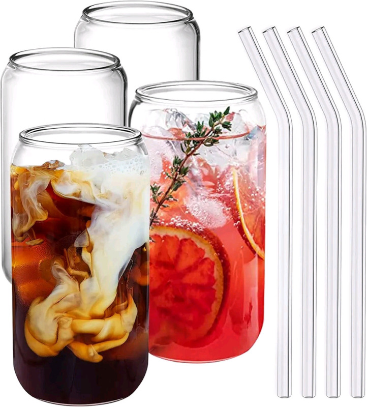 4 As New Drinking Glasses with Glass Straw 4pcs Set, 16oz Can Shaped Glass Cups