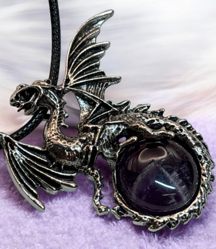 Natural Stone Amethyst Dragon Pendant Necklace <br/>Pendant Approximately 1.5 x 1.2 Inch Black Cord Chain 17 + 1.5 Inch