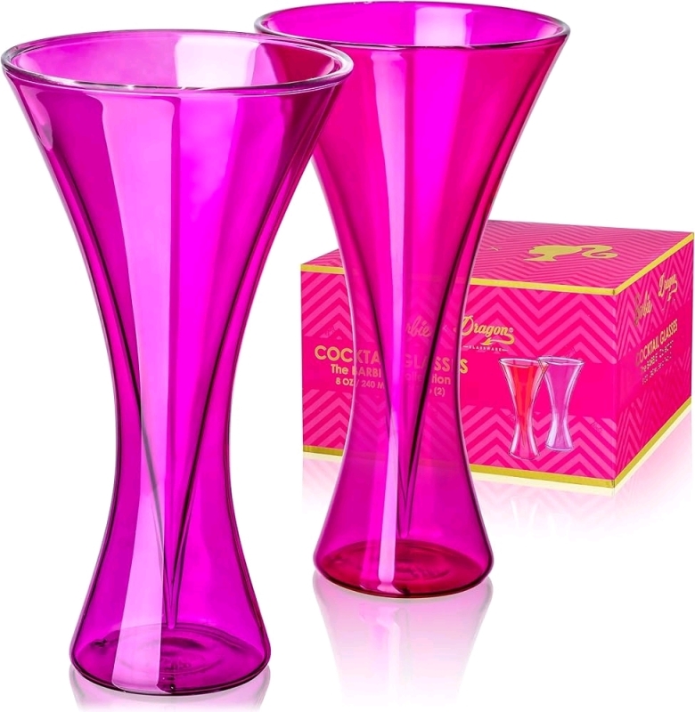 New BARBIE &times; Dragon Glassware Set of 2 Barbie Collection Cocktail Glasses - 240ml ea | Retails Over $65!