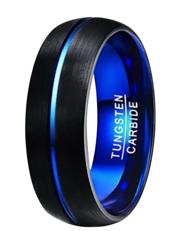 Tungsten Carbide Ring Bold 8mm Wide Band Stylish Black Round Top and Unique Frosted Blue Groove Inner Ring Size 10.5 Stamped