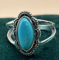 Turquoise Inlaid S925 Silver Adjustable Marquise Shaped Beaded Petal Edge Ring
