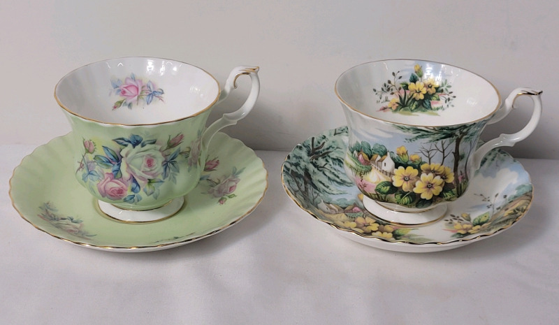 Royal Albert " Roses on Apple Green " & " Primrose Hill " Cup & Saucer Sets . All Cups & Saucers Ring True