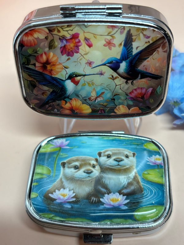 Two Vibrant Trinket Mirror Boxes Two Otters / Hummingbirds Flowers