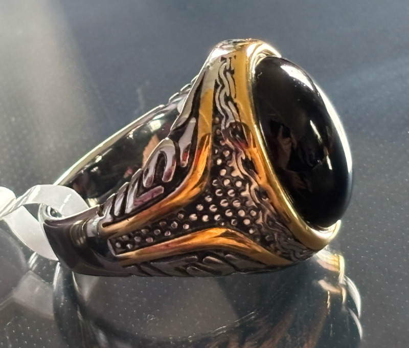 New Titanium Steel Black Onyx Minimalist Ring Retro Oval Natural Stone 316L Stainless Steel Ring Size 10