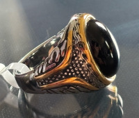 New Titanium Steel Black Onyx Minimalist Ring Retro Oval Natural Stone 316L Stainless Steel Ring Size 10