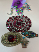 Czeck Filigree Oval Gilt Red Paste Stone Brooch Large Art Deco Foil Back Red Stone Brooch Dragon Pendant Plus As Is