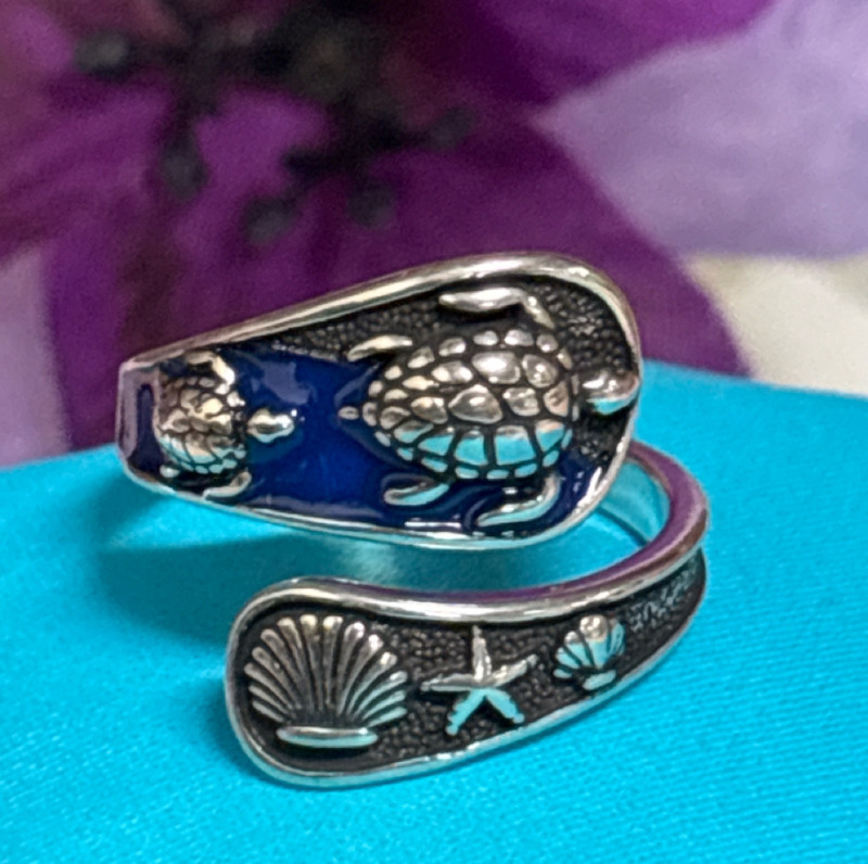 925 Sterling Silver Ocean Turtle Ring Bypass Open Ring Adjustable Blue Enamel