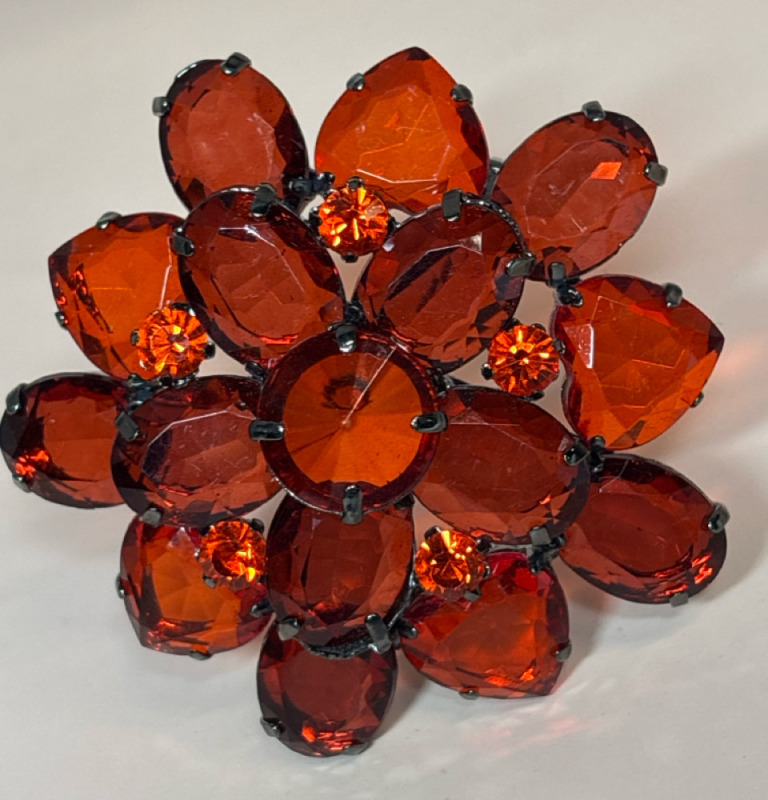 Vintage Magic Fireball Orange Hyacinth Cranberry Spectacular Large 3 Tiered Brooch Approximately 2.5 Inch