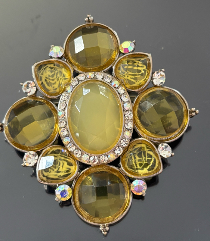 Vintage Glowing Lemon Chiffon Faceted and Molded AB Rhinestone Brooch Approximately 2.5 x 2.75 Inch