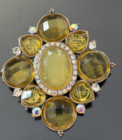 Vintage Glowing Lemon Chiffon Faceted and Molded AB Rhinestone Brooch Approximately 2.5 x 2.75 Inch