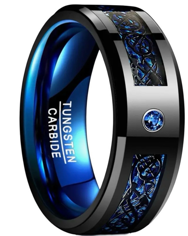 Unique Dragon Patterned 8MM Wide Inlaid Blue Carbon Fiber Tungsten Men's Ring Size 9 Stamped Tungsten Carbide