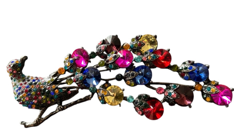 Vintage Peacock Encrusted Smoked Topaz Neon Crystal Rhinestones Brooch Approximately 4.5 Inch