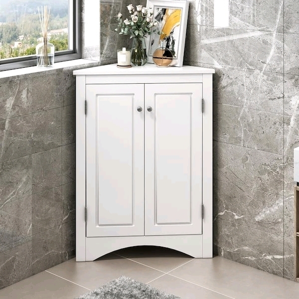 New White Triangle Corner Storage Cabinet with Adjustable Shelves