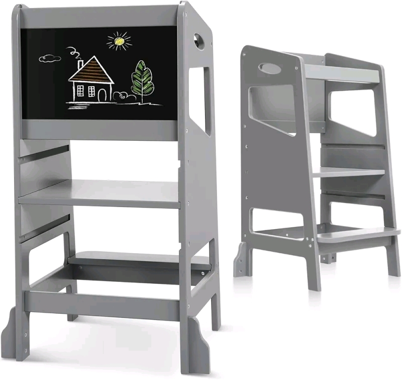 New In Box GAOMON Toddler Kitchen Stool Helper, 3-Level Height Adjustable Standing Tower with Chalkboard & Safety Rail