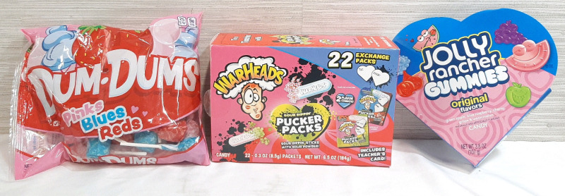 Lot of New Valentines Candies, Including Dum-Dums Lollipops (221g, Best By August 2027), Warheads Sucker Packs (184g, Best Before September 2025) & Jolly Rancher Gummies (107g, Best Before December 2025)