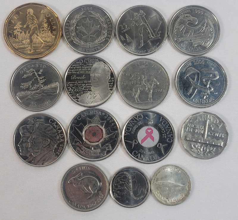 1951 - 2009 Canadian Commemorative Coins . Includes 1967 Silver Dime & 2 Colored Quarters . 15 Coins
