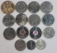 1951 - 2009 Canadian Commemorative Coins . Includes 1967 Silver Dime & 2 Colored Quarters . 15 Coins