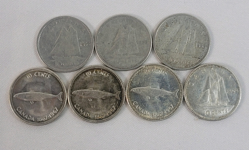 1944 - 1968 Canadian Silver 10 Cent Dimes . 1944 , 1955 , 1956 , 1967 &times;3 & 1968 . Seven (7) Dimes