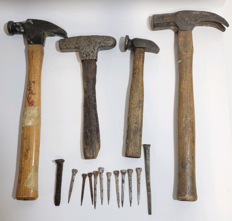 4 Vintage Hammers & 12 Antique Nails