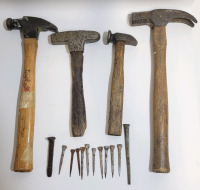 4 Vintage Hammers & 12 Antique Nails