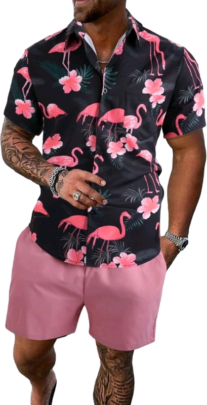 New Size LG Men's Two-Piece Outfit Printed Shirt Top and Drawstring Waist Shorts Set