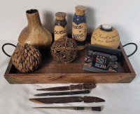 Home Decor Lot . Souvenir Wooden Letter Openers , Jars , Tea-Lite , Wooden Tray