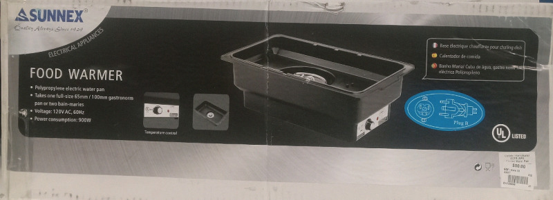 New in Box | Sunnex Food Warmer | Takes one Full-Size 65mm/100mm Gastronorm pan or two bain-maries | Measures 59cm x 37cm x 21cm