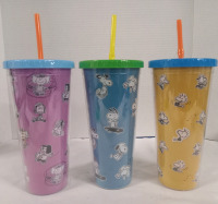 New | 23.6oz Gibson Peanuts 70th Anniversary 3-Piece Plastic Tumblers with Lid and Straw | *Retails $75*