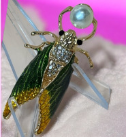 Cicada Brooch Holding Faux Pearl Rhinestones Enamel Approximately 2 x 1 Inch