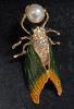 Cicada Brooch Holding Faux Pearl Rhinestones Enamel Approximately 2 x 1 Inch - 3